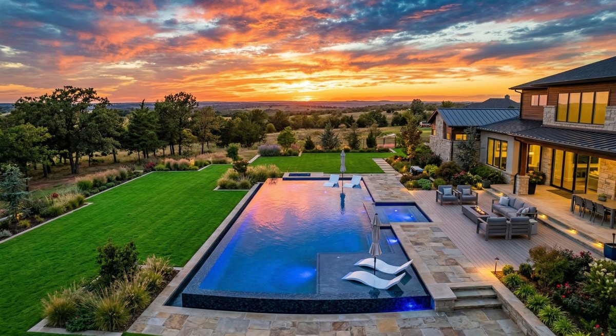 Pool view with landscaping